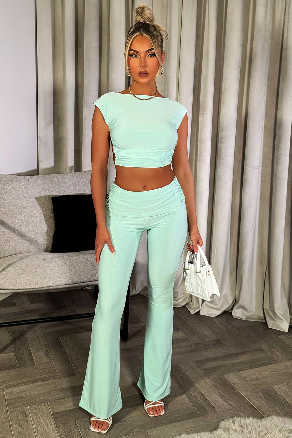 backless crop top and fold detail skinny flare trousers set going out summer occasion outfit