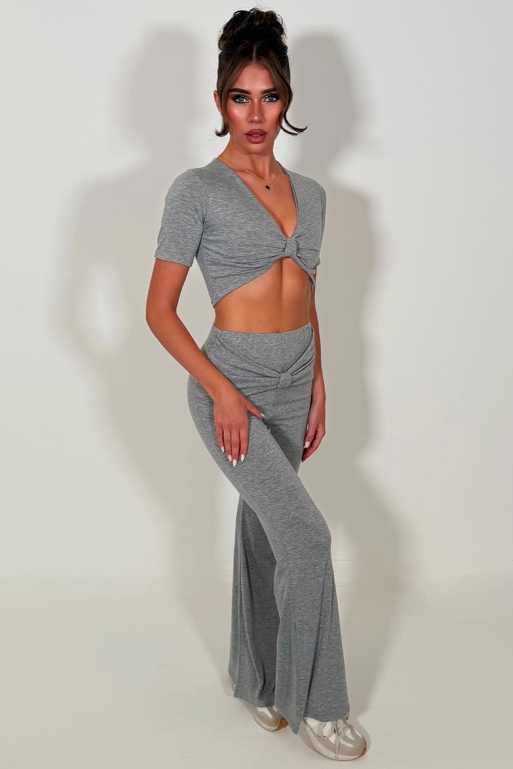 grey flared wide leg trousers and crop top two piece co ord set for womens casual outfit styledup sale