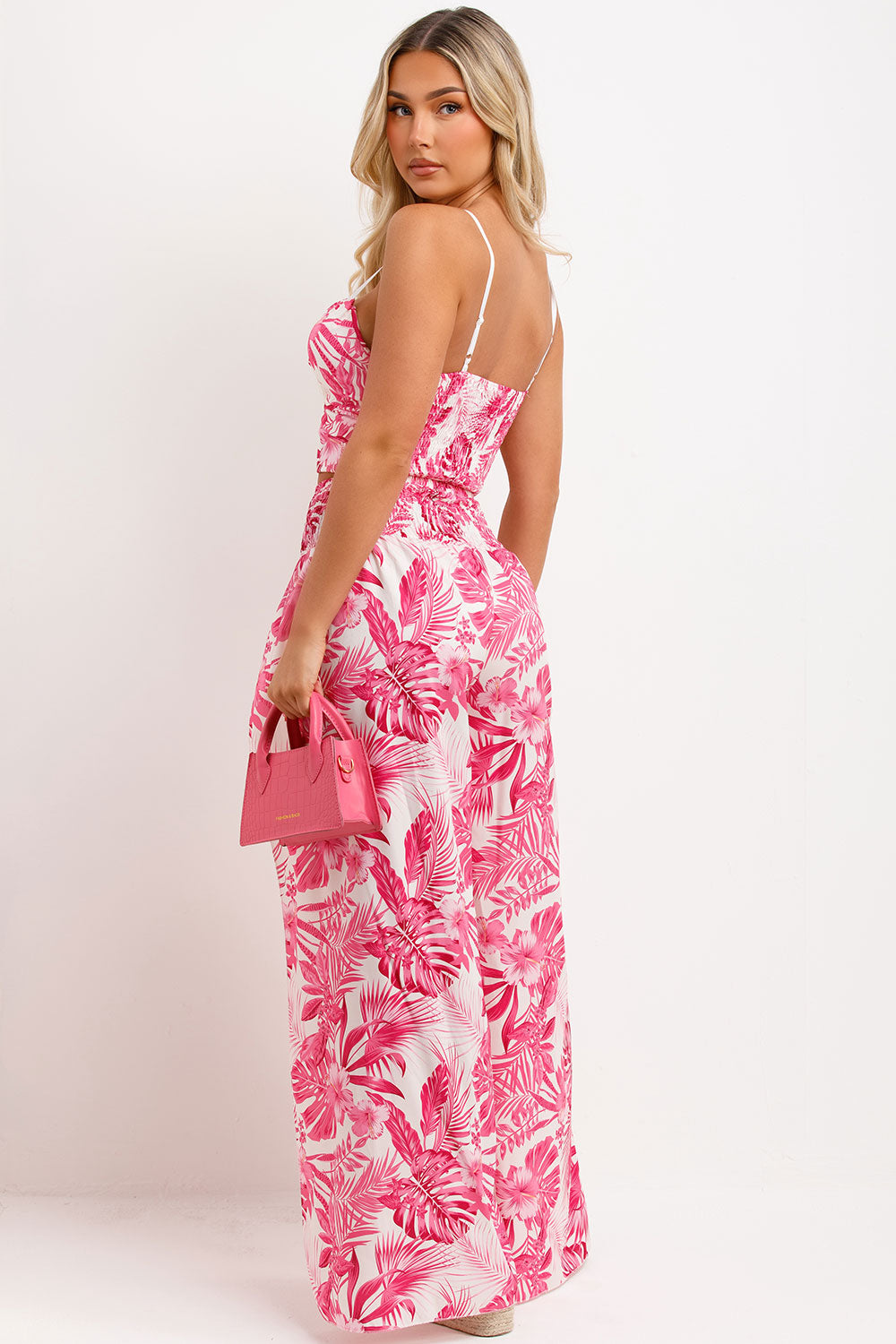 womens floral print wide leg trousers and crop top co ord set