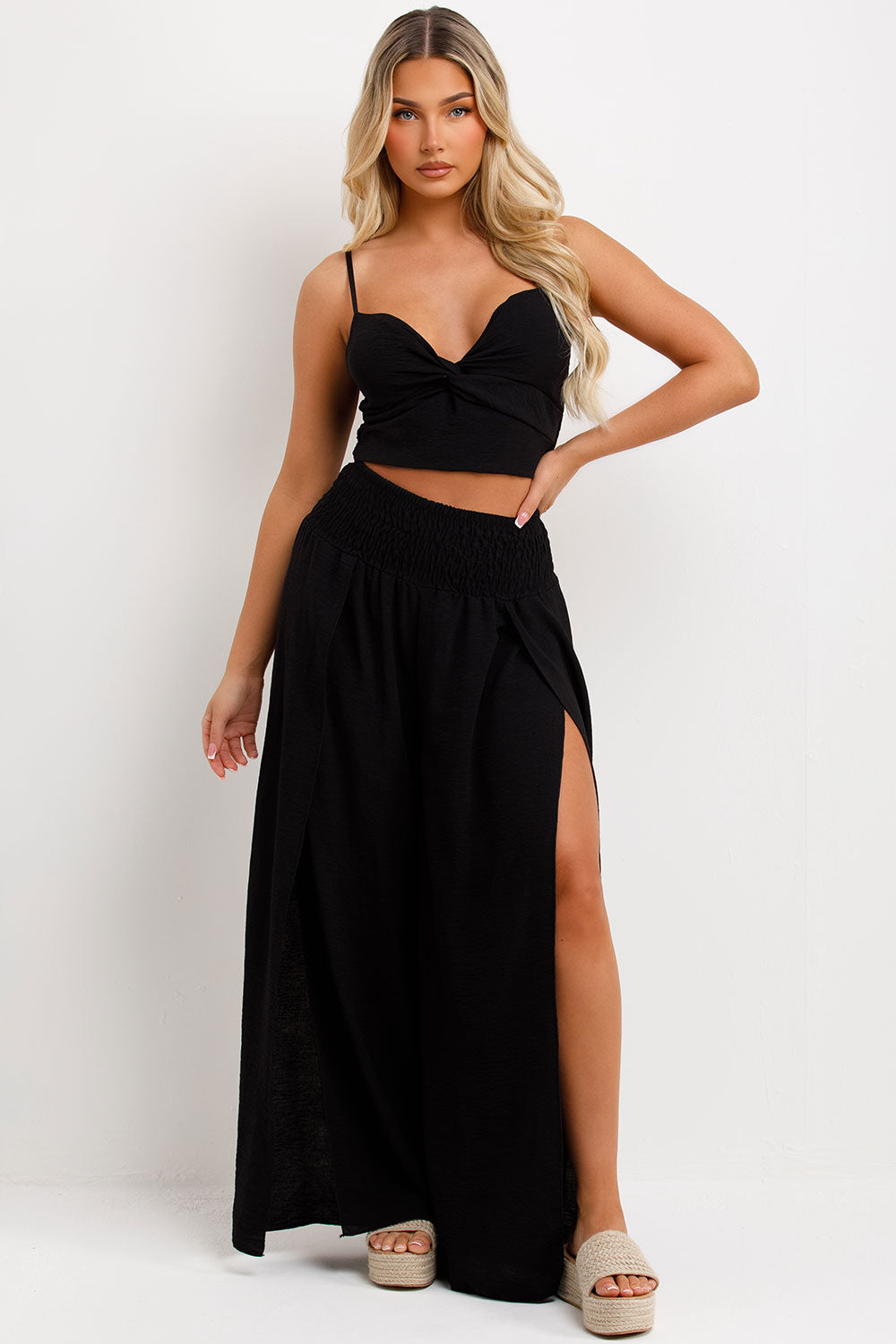 womens wide leg trousers and top two piece co ord set