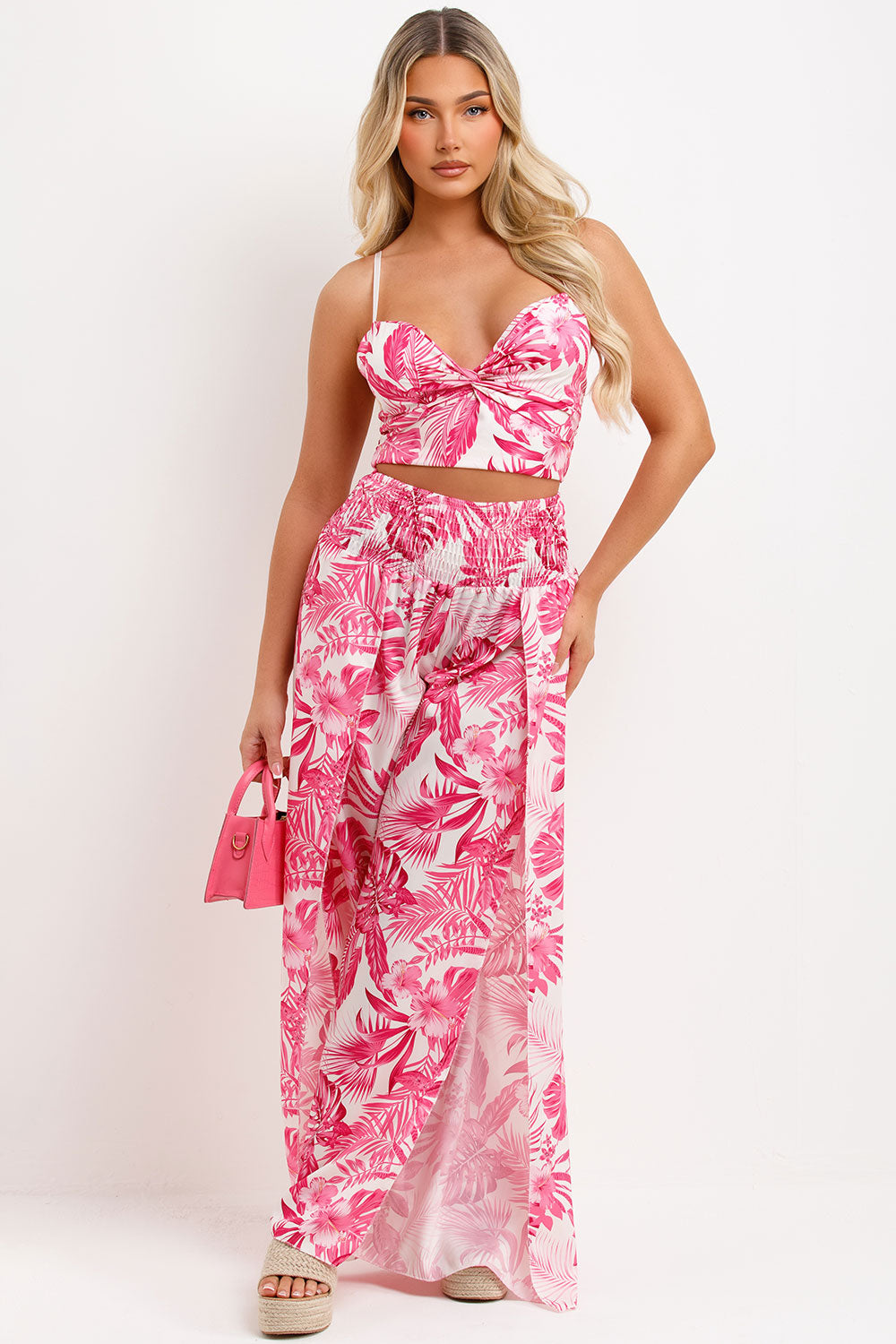 floral print wide leg trouser and crop top two piece set womens