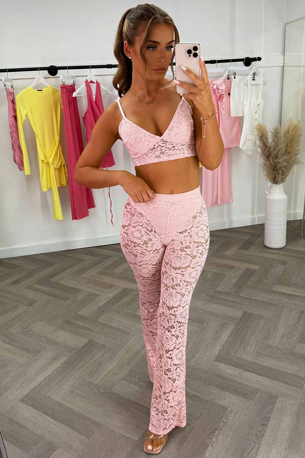 pink lace flares and top two piece co ord set in black festival holiday outfit styledup