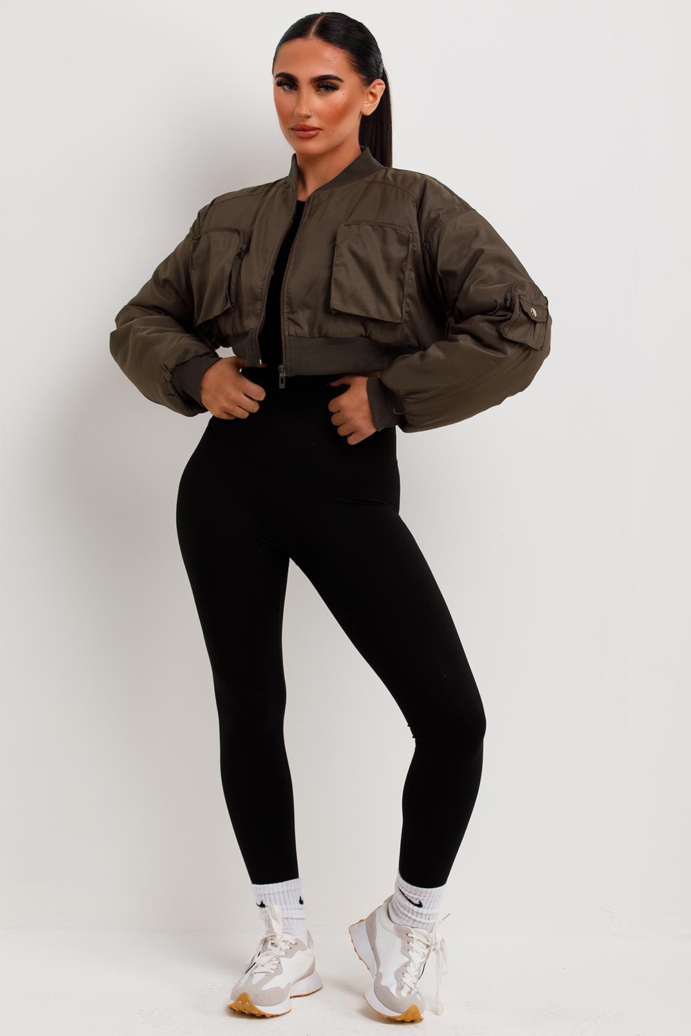 utility pocket crop bomber jacket khaki