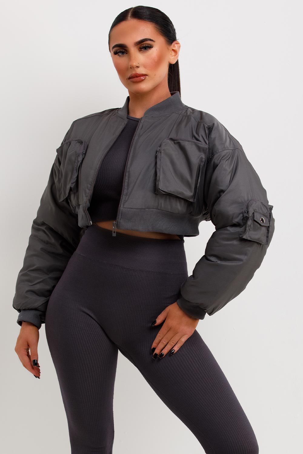 womens utility pocket crop bomber jacket