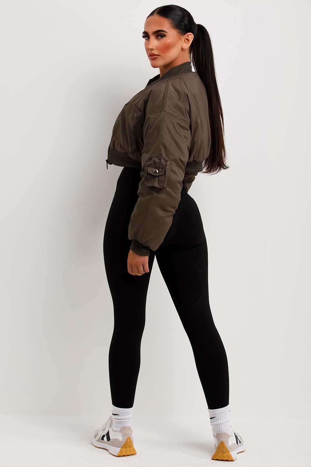 womens khaki crop bomber jacket with utility pockets