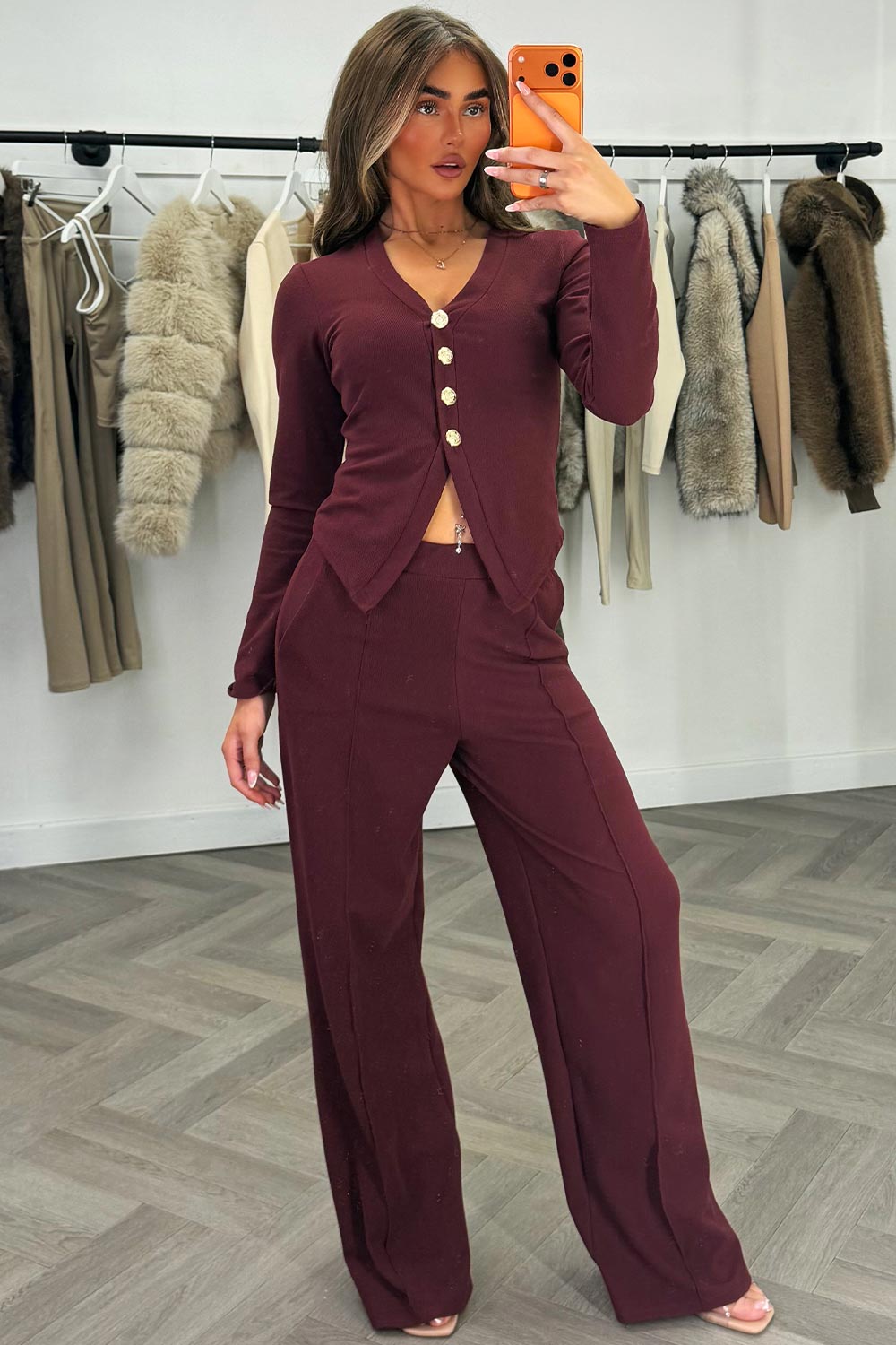 womens long sleeve top with gold buttons and wide leg trousers co ord set two piece outfit burgundy styledup