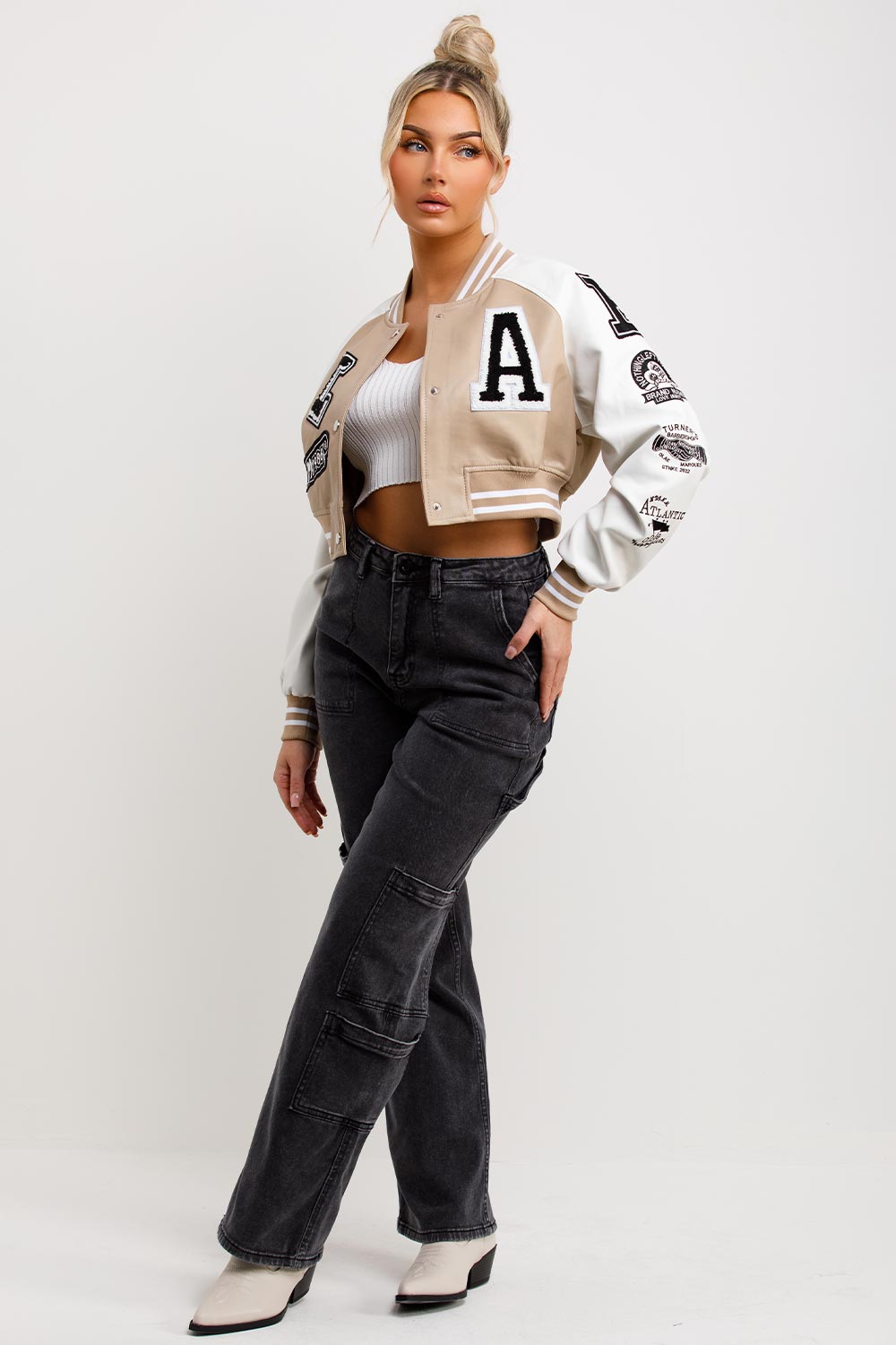 crop varsity bomber jacket