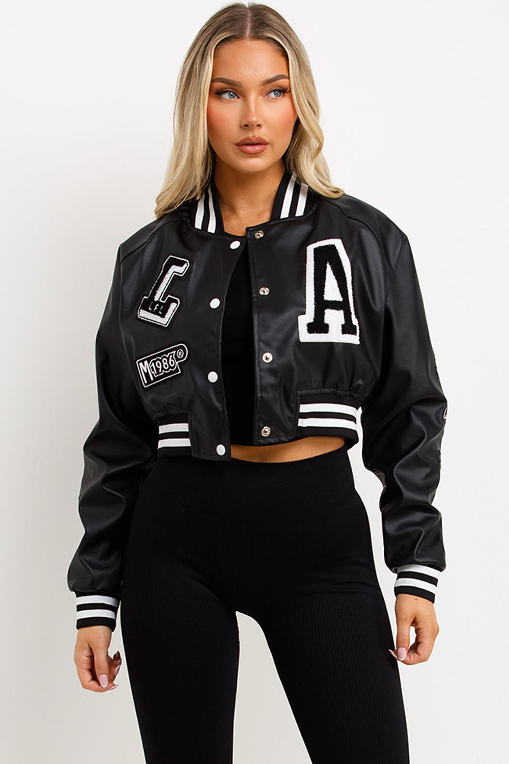 womens faux leather bomber jacket varsity