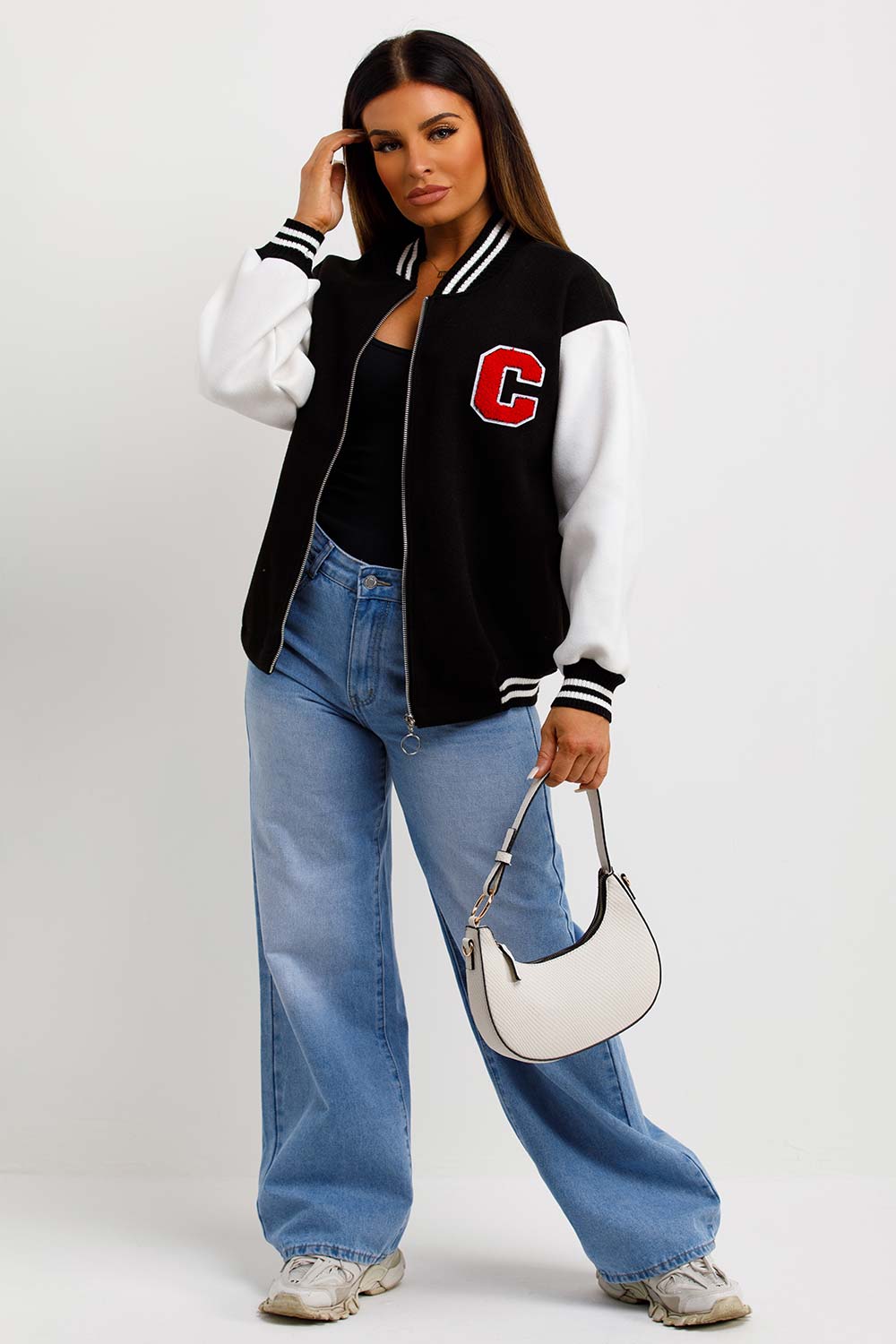 womens oversized letter c bomber jacket