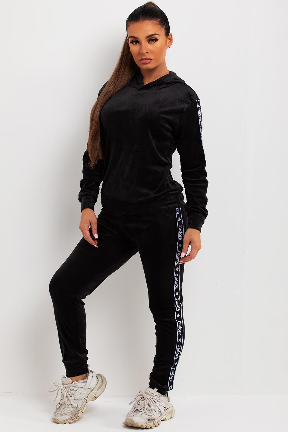 womens black velour tracksuit co ord set