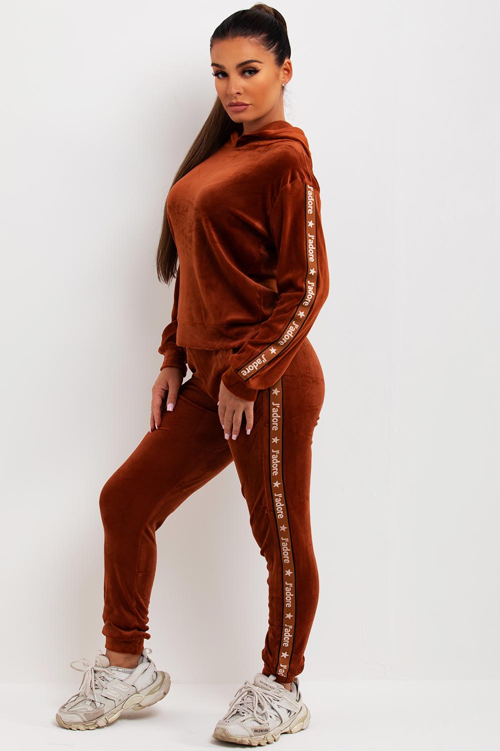 womens velour tracksuit lounge set with jadore slogan