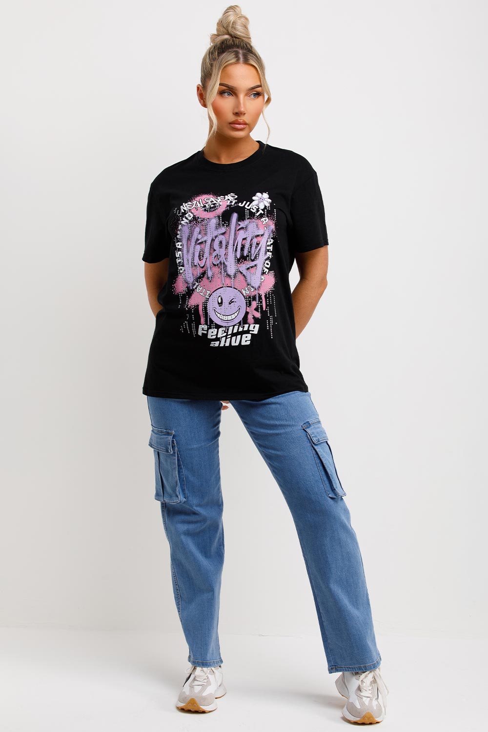 womens black vitality graphic slogan t shirt