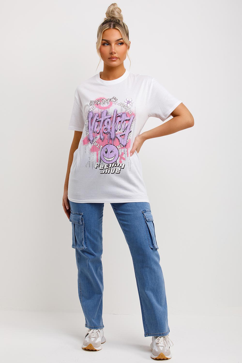 womens white oversized t shirt with vitality feeling alive t shirt