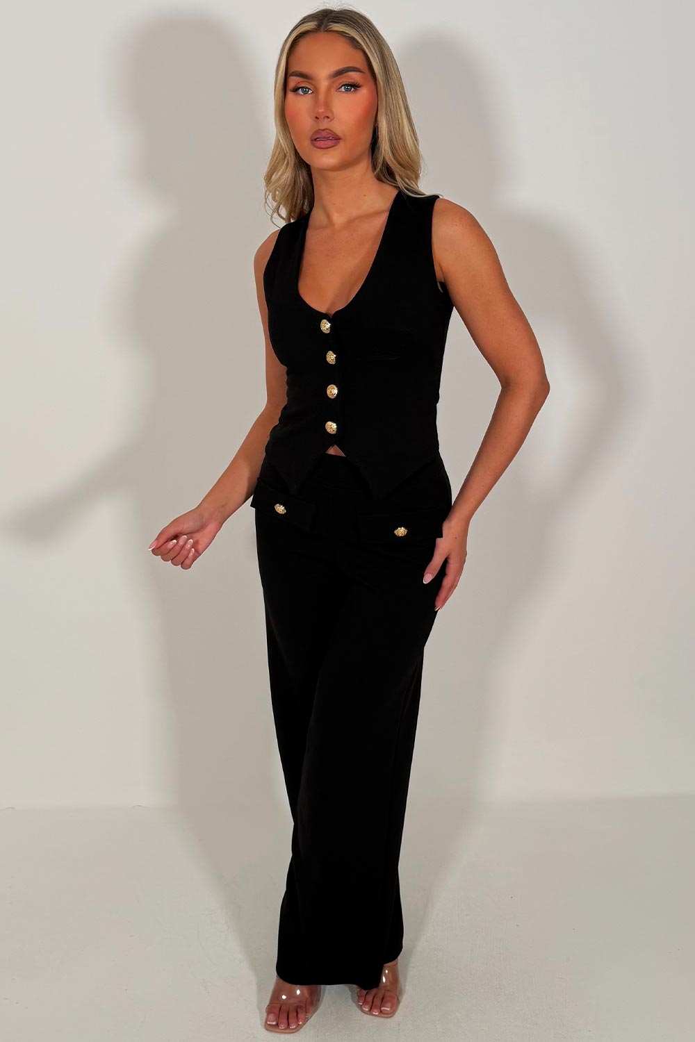 waistcoat and trousers two piece co ord with gold buttons zara womens going out occasion outfit uk