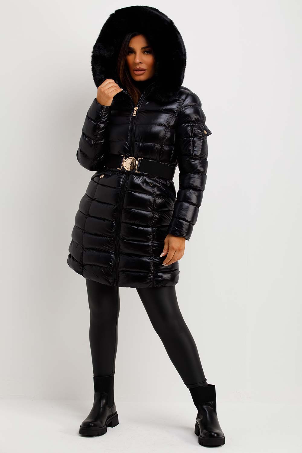 shiny puffer coat with fur hood and belt