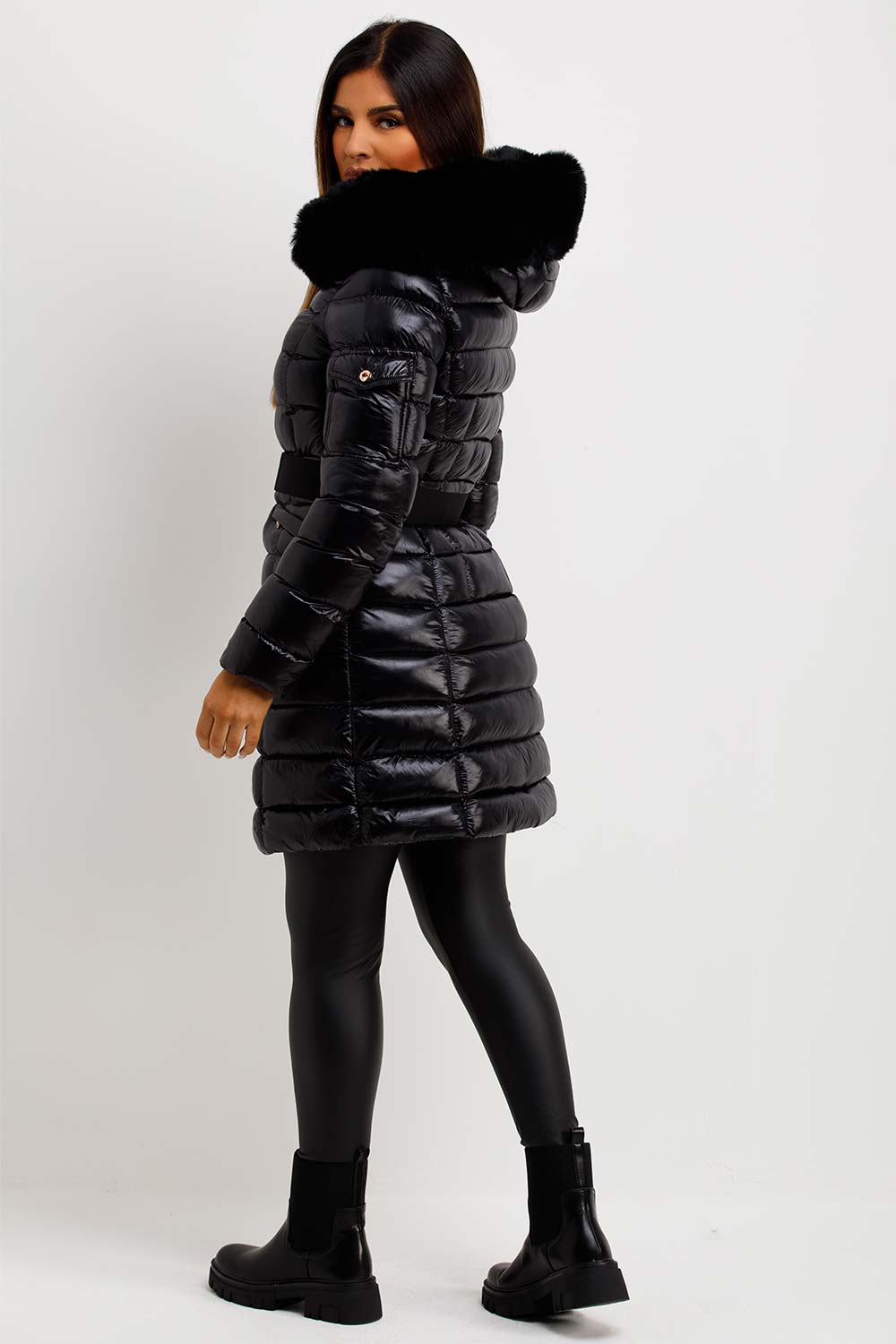 black shiny puffer coat with fur hood styledup