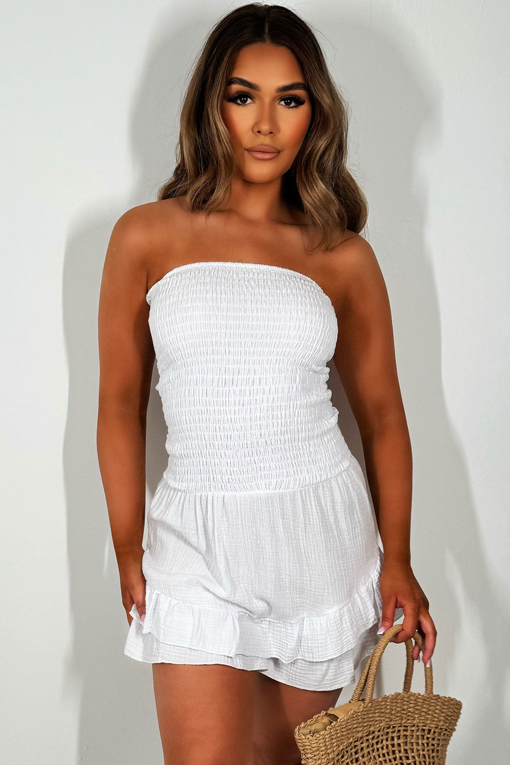 white cheesecloth frilly boob tube playsuit