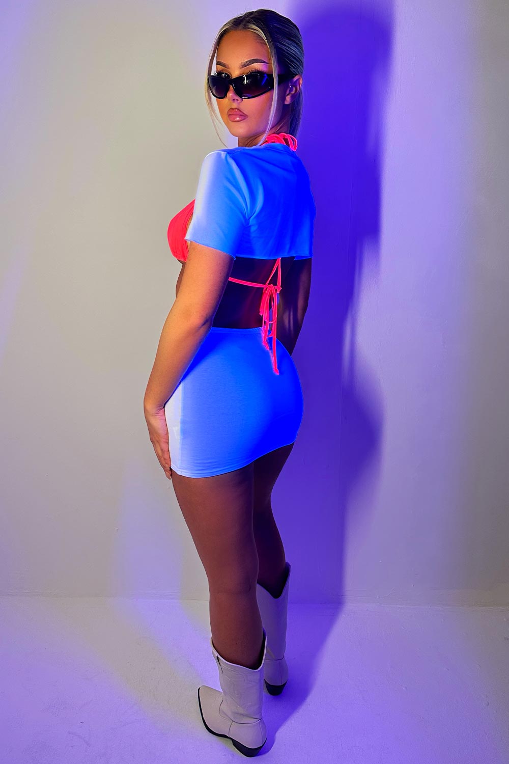 neon pink festival bikini top and skirt co ord set