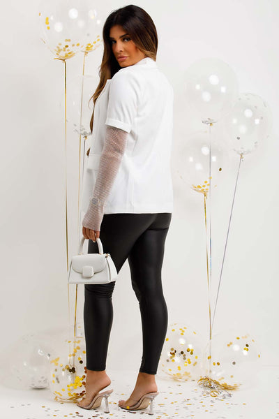 Women's White Blazer With Diamante Net Sleeve –