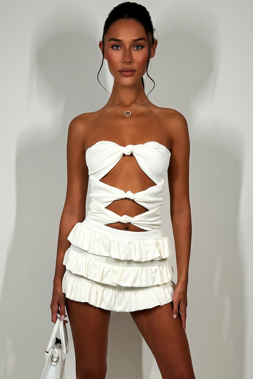 ruffle frilly bloomer shorts and cut out knot front bandeau top bodysuit two piece set festival outfit