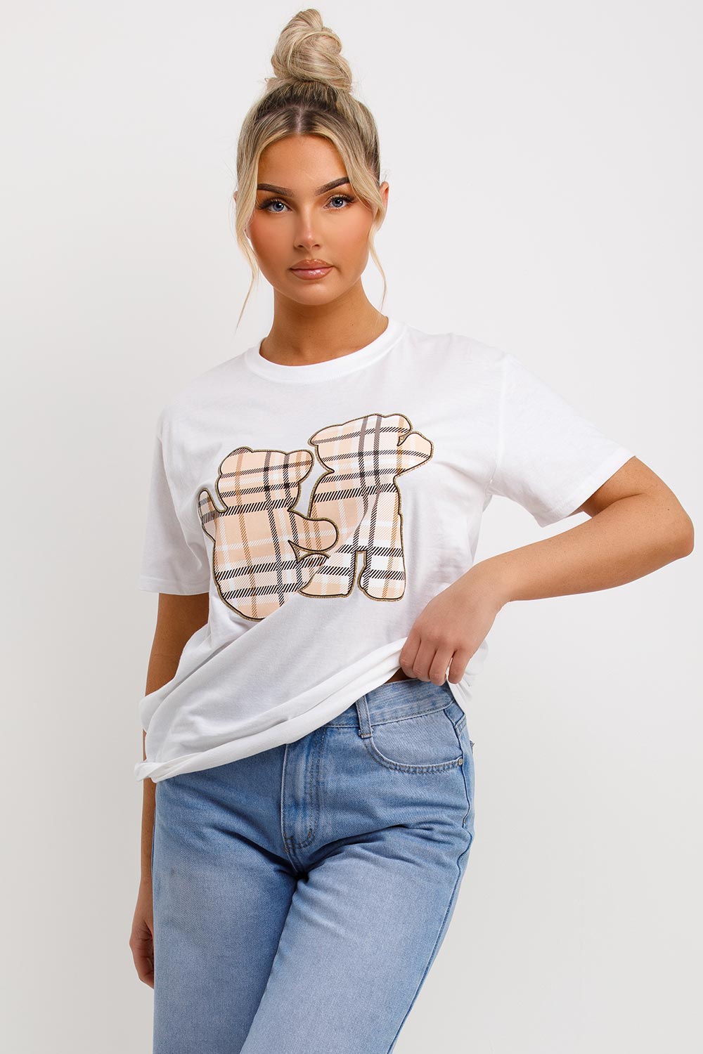 womens white t shirt with teddy bear print