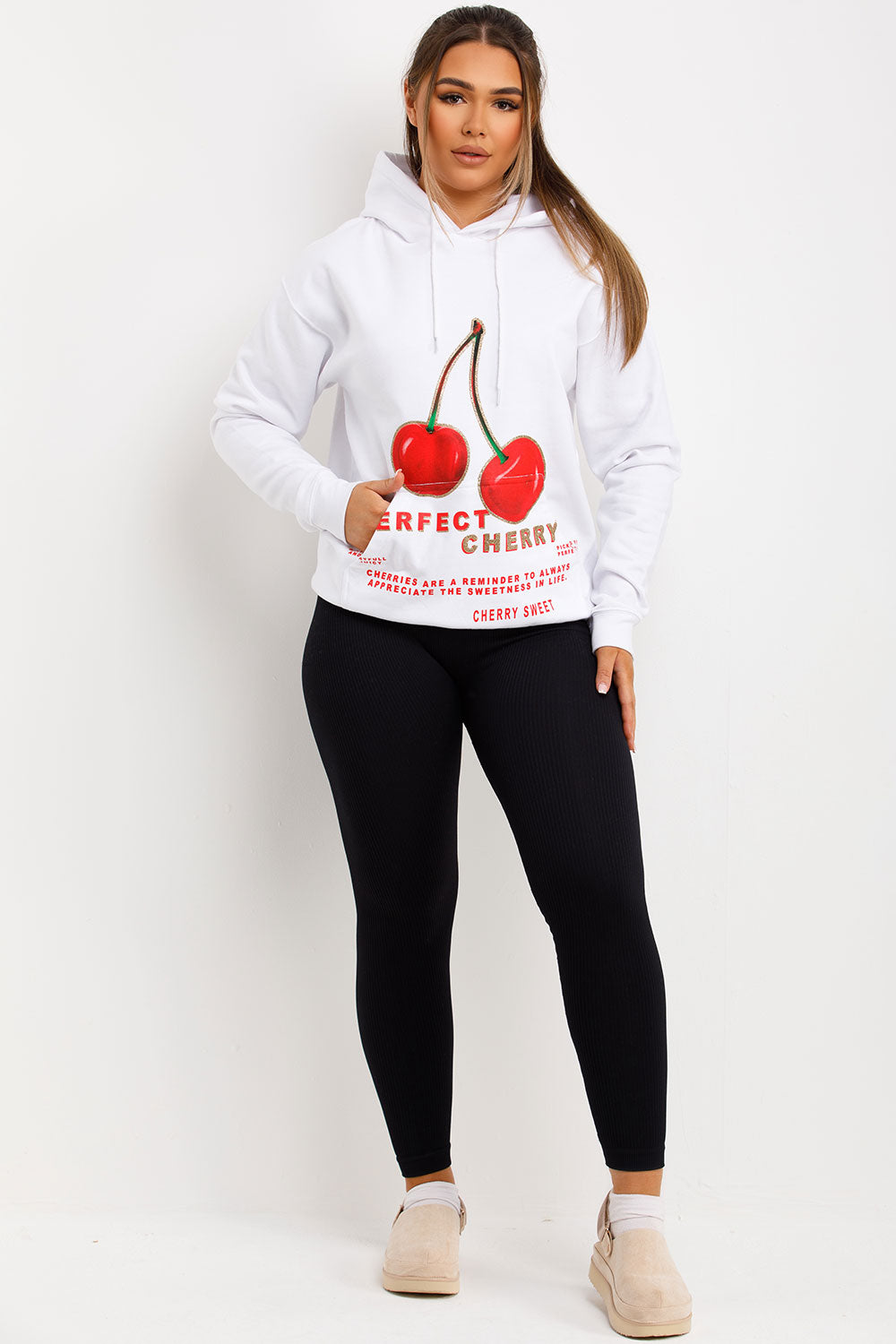 womens hooded sweatshirt with cherry graphic