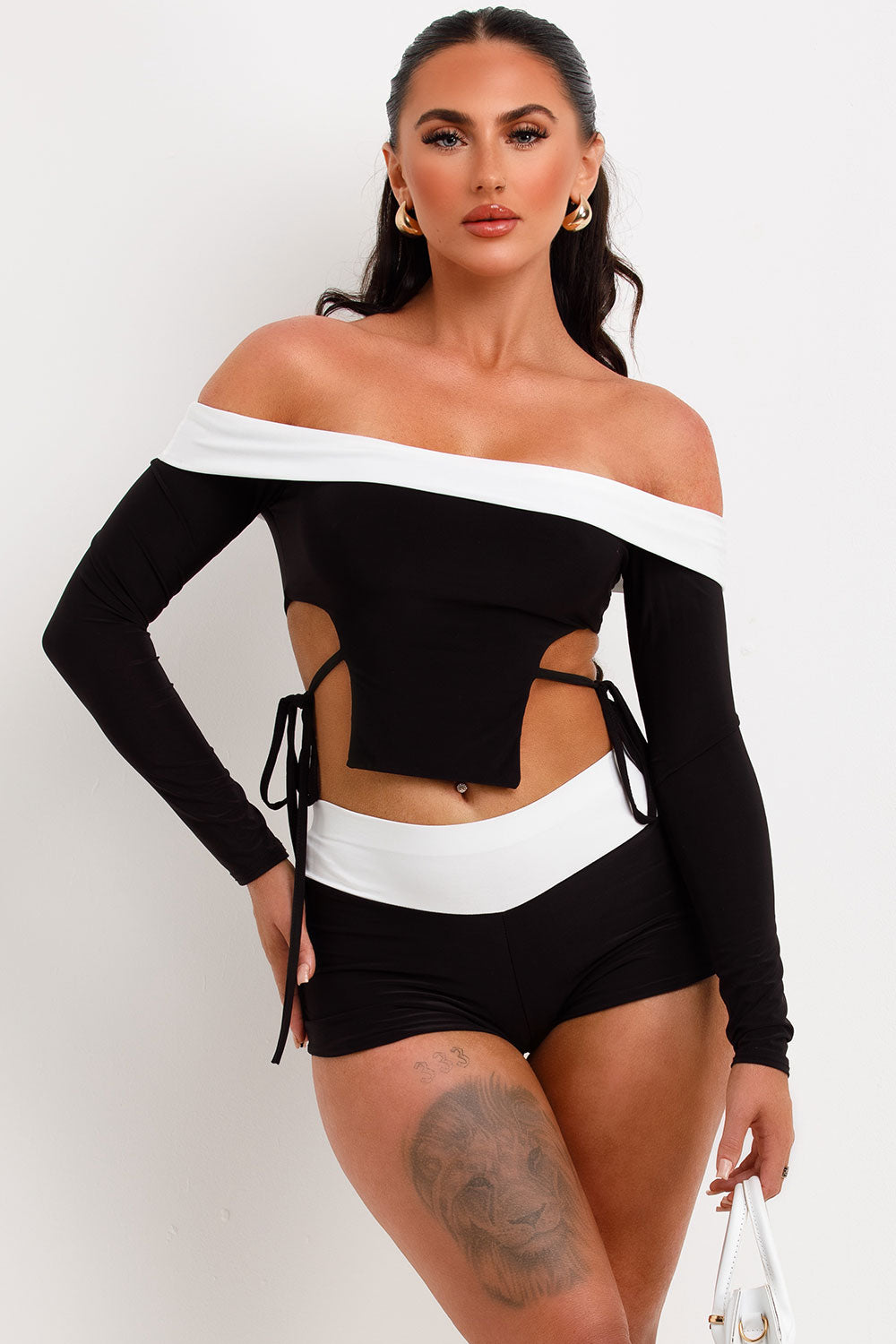 fold bandeau top and low rise shorts two piece co ord set festival outfit