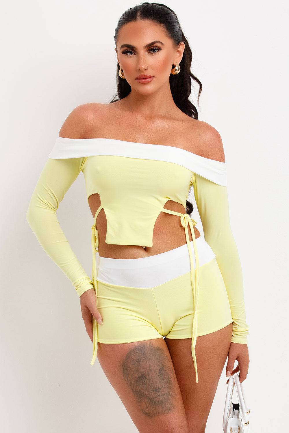 contrast bandeau top and shorts two piece set with fold over detail festival outfit
