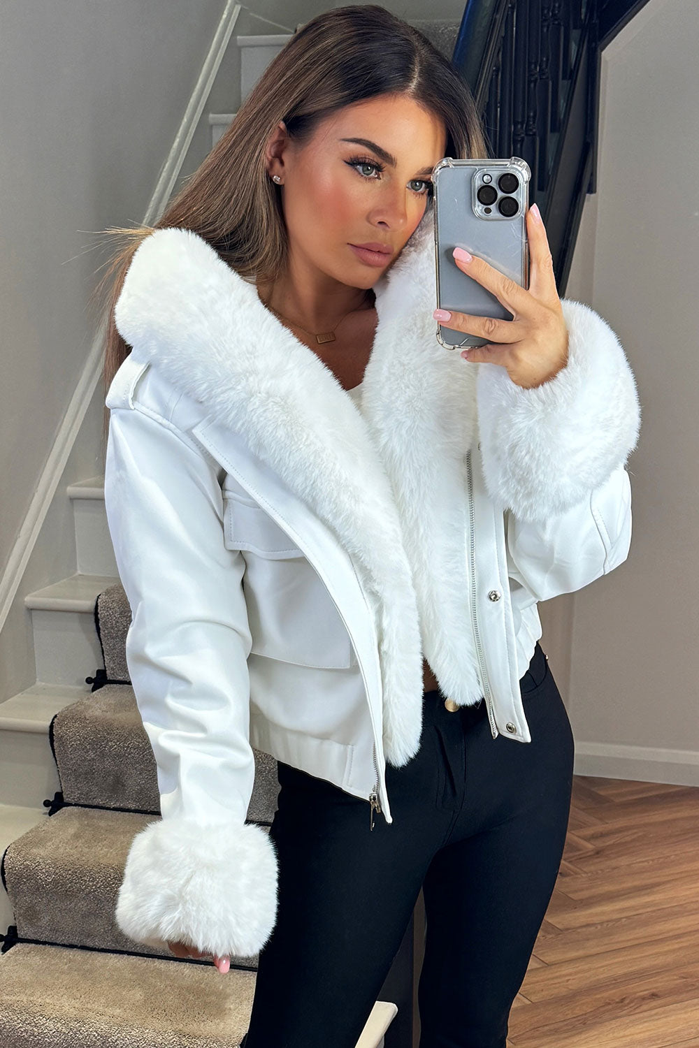 faux fur hood faux fur trim faux fur cuff faux leather short bomber jacket