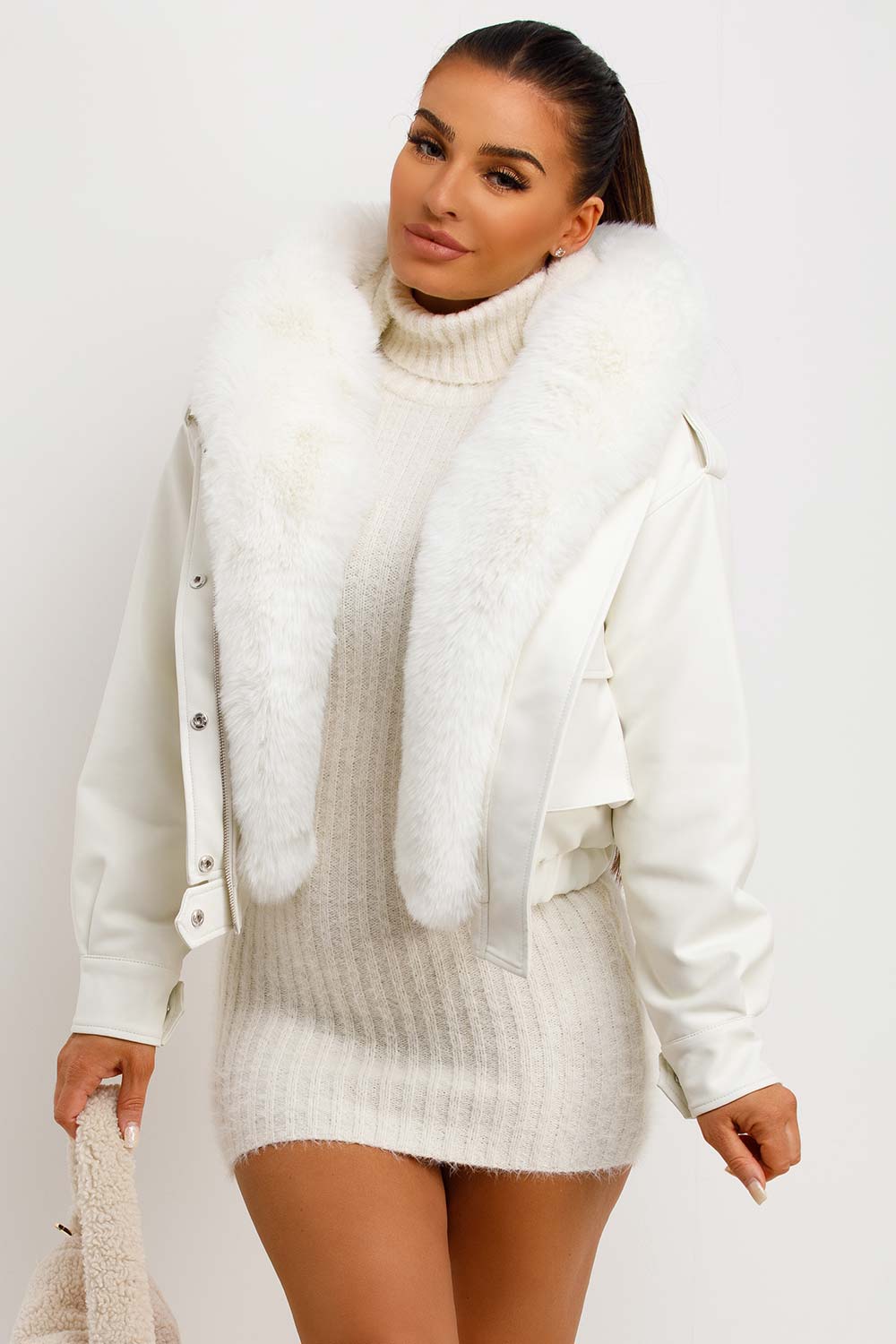 pu leather fur trim hooded bomber jacket