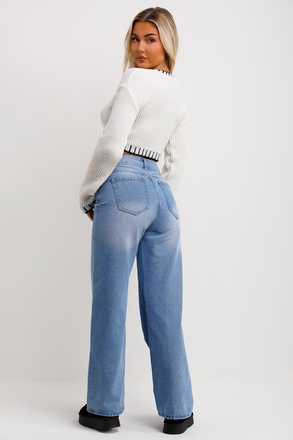 womens white crop knitted jumper with blanket stitches detail