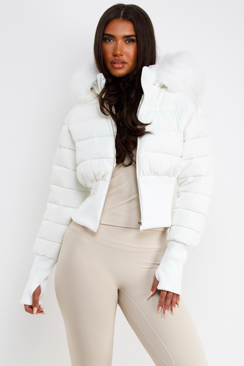womens white faux fur hood padded puffer jacket styledup uk