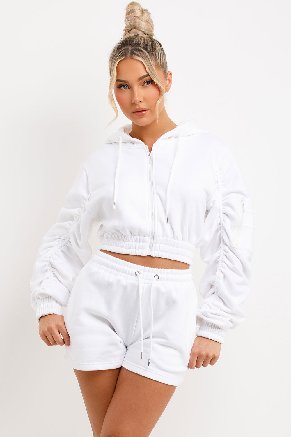 ruched sleeve crop zip hoodie and short tracksuit summer lounge set womens airport outfit