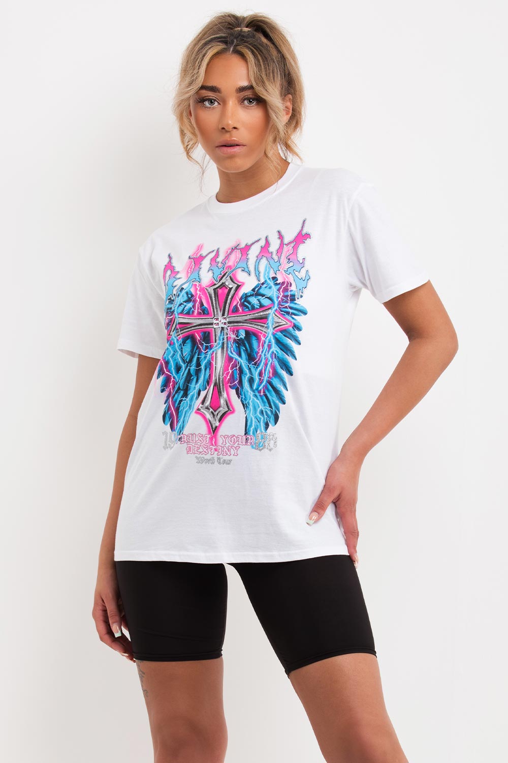 womens white oversized t shirt with cross print