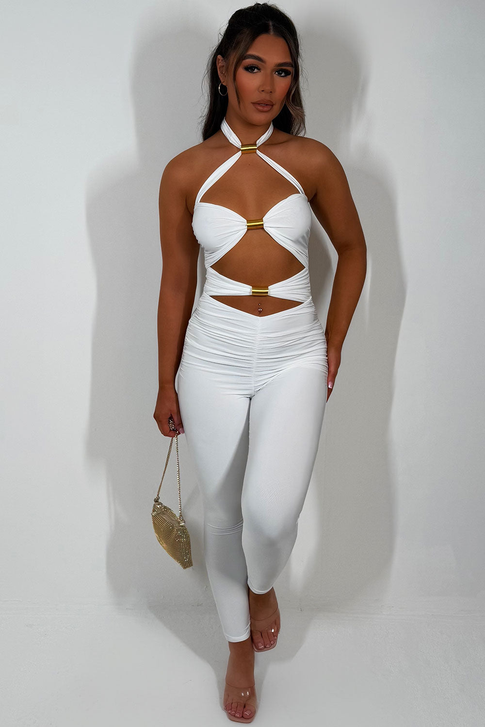 gold buckle cut out ruched front jumpsuit going out festival outfit