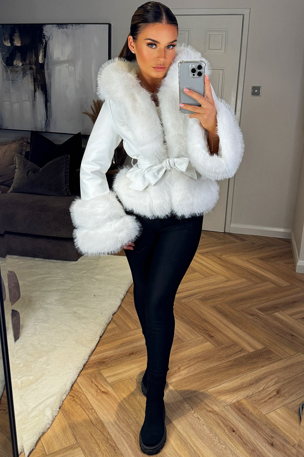 fur jacket with hood and belt styledup