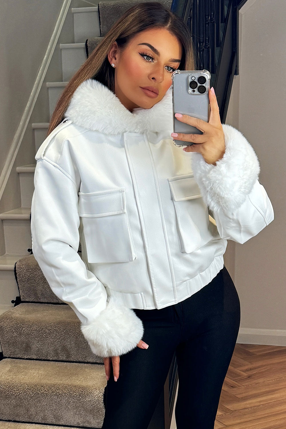 faux fur hood faux fur trim short bomber jacket with fur cuff styledup