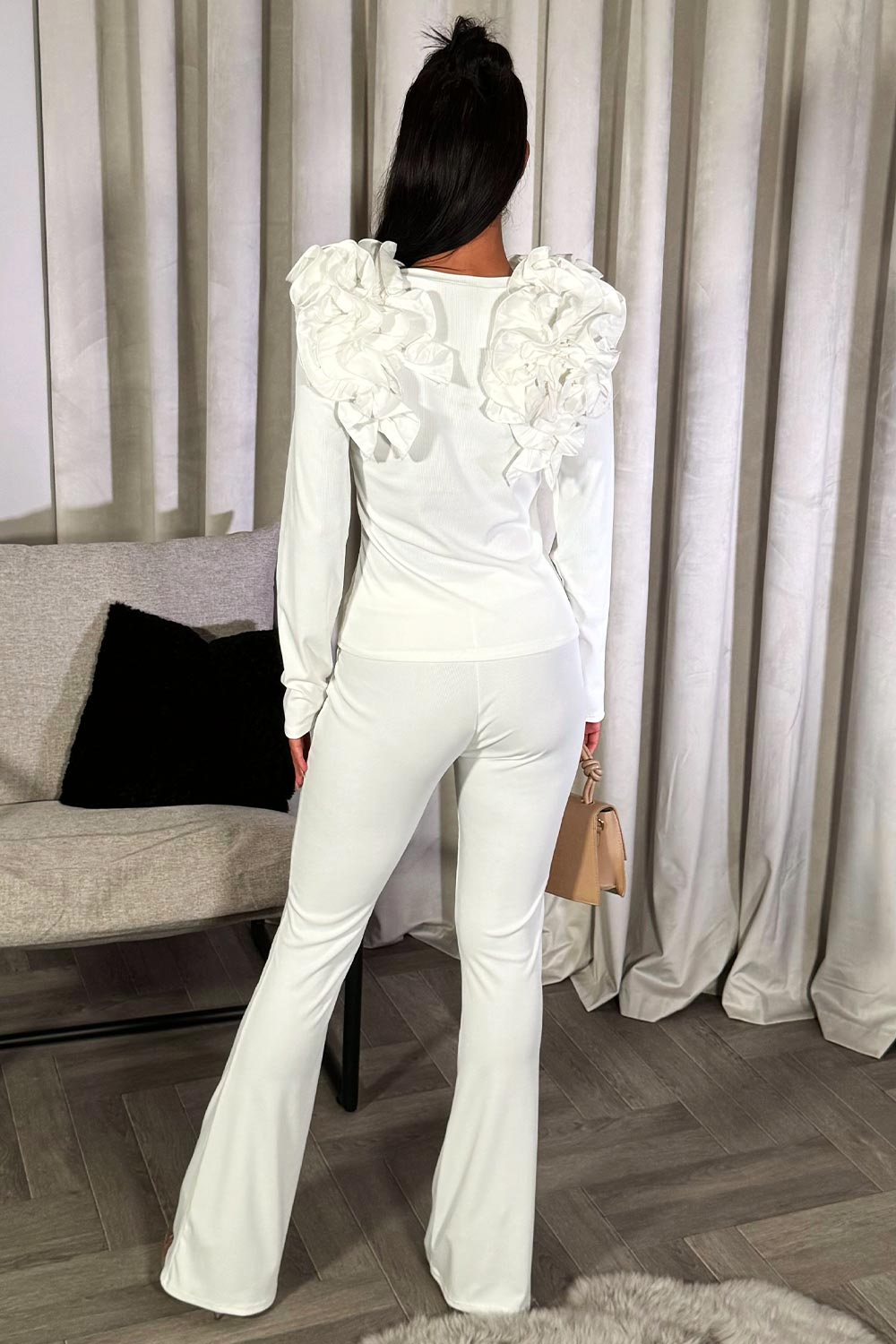 ruffle frill shoulder top and trousers co ord set