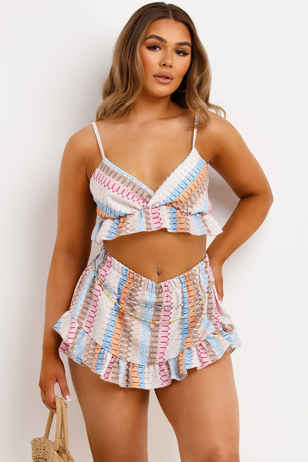 frill hem crop top and shorts two piece co ord set summer holiday clothes