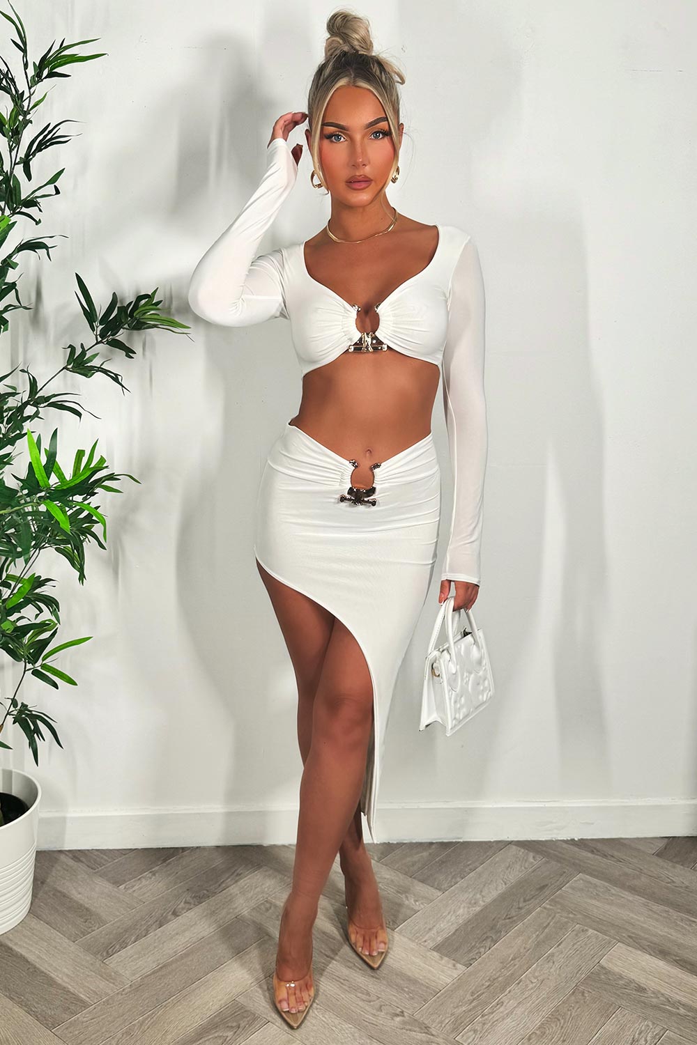 long sleeve crop top and maxi skirt gold buckle set going out summer festival outfit