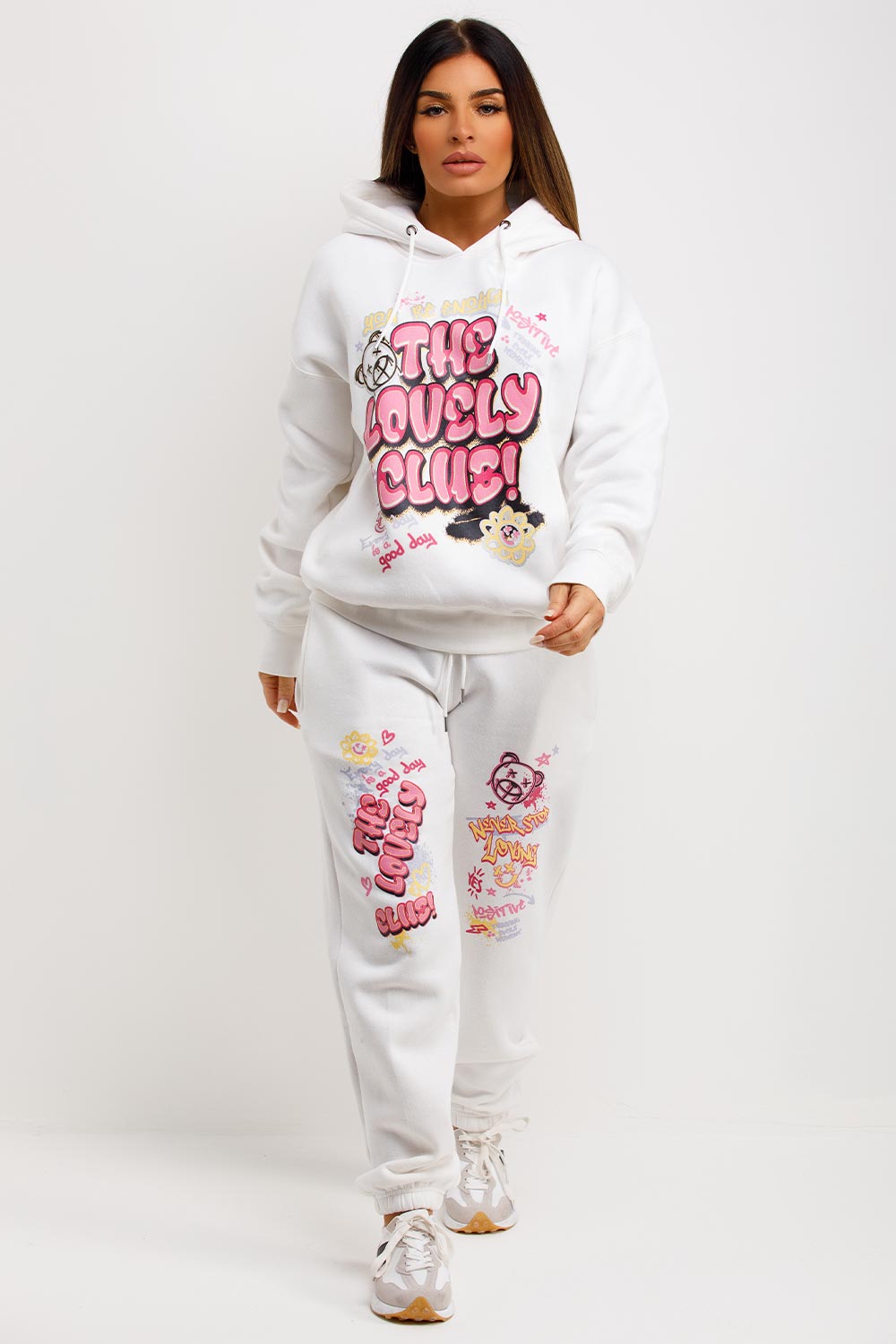 womens white hoodie and joggers tracksuit co ord set