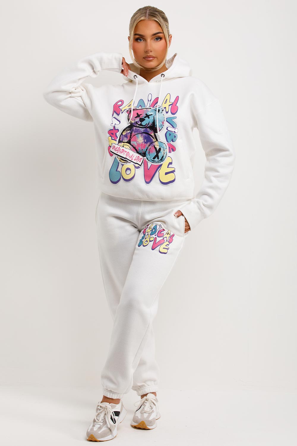 womens black oversized hoodie and joggers co ord set radical teddy graphic print