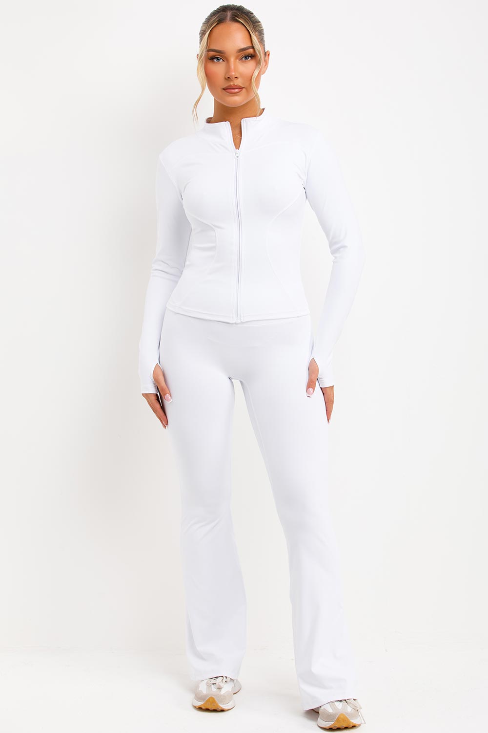 skinny flare scrunch bum trousers and zip up sports jacket two piece matching set skims uk