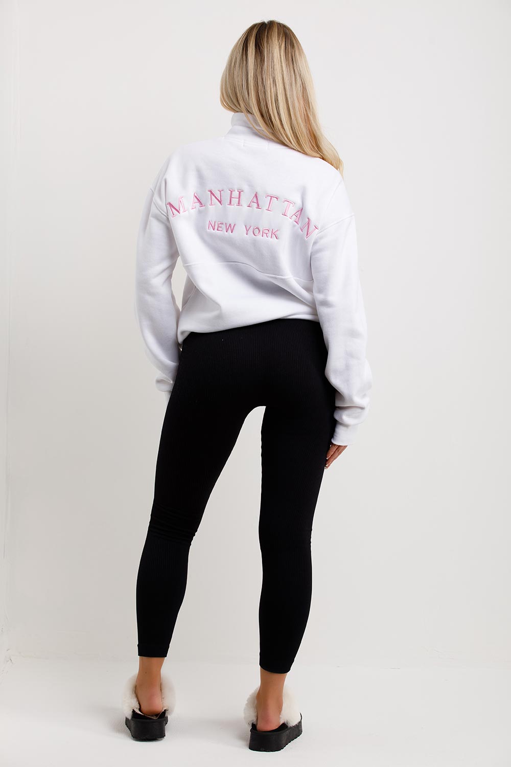 womens white sweatshirt with half zip and elasticated hem manhattan new york embroidery