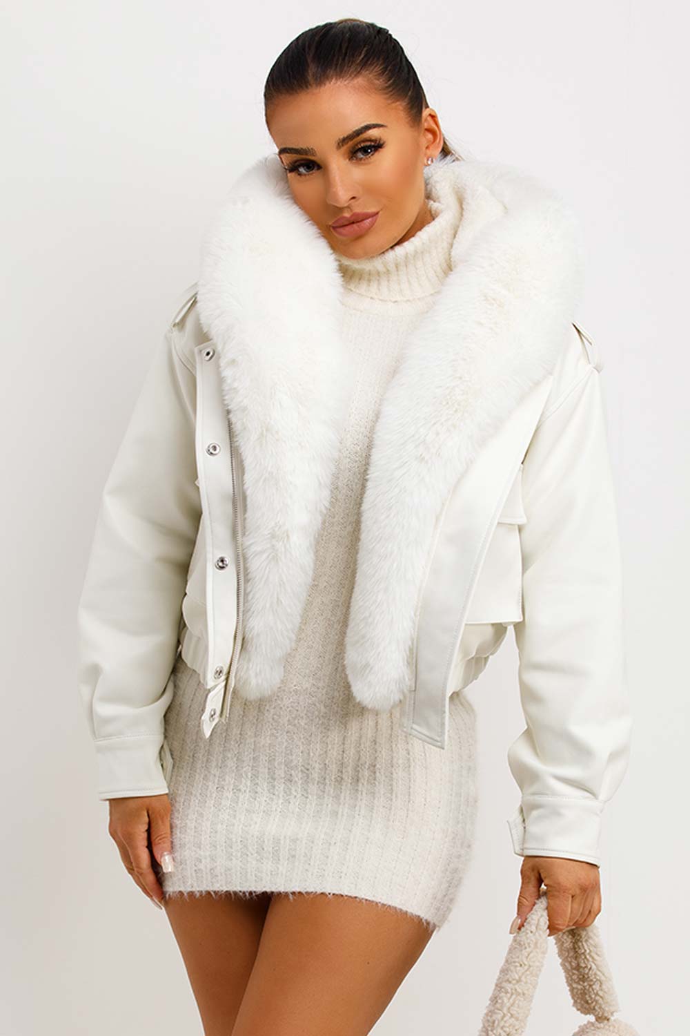 faux fur faux leather hooded bomber jacket sale uk