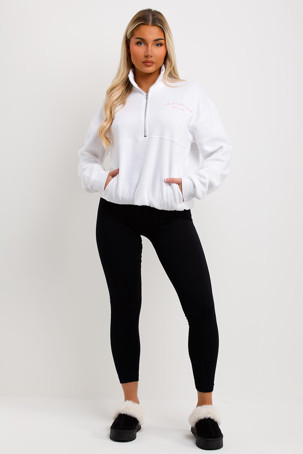 womens half zip sweatshirt with elasticated hem manhattan new york embroidery