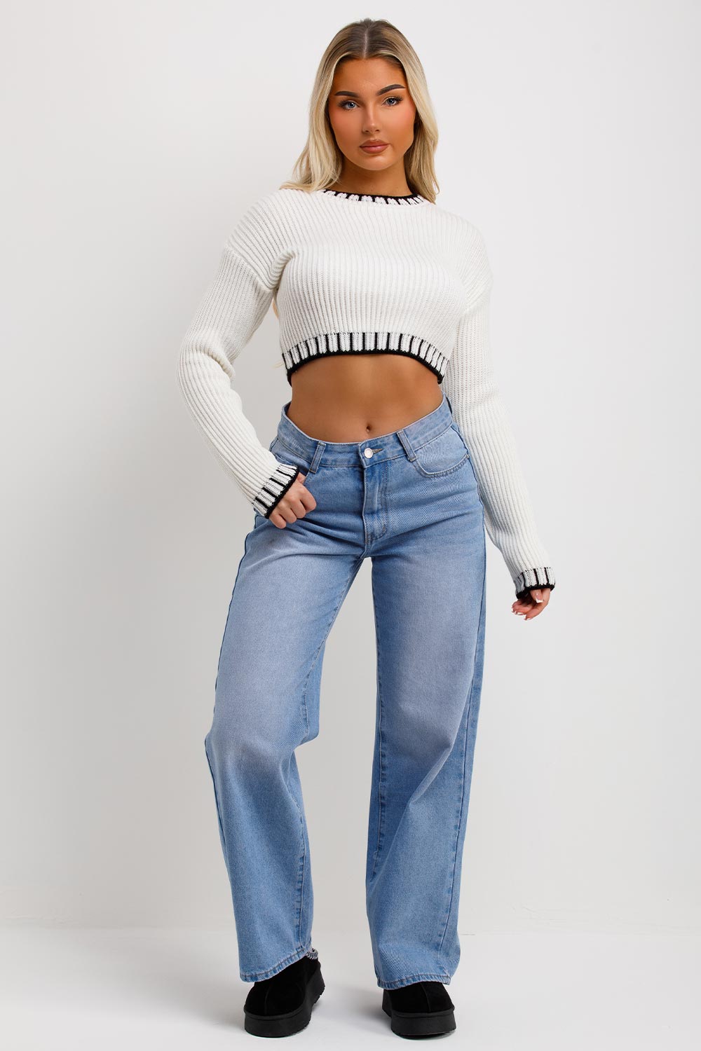 womens white knitted jumper with blanket stitches detail