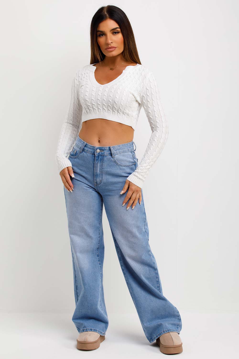 womens white v neck crop knitted jumper