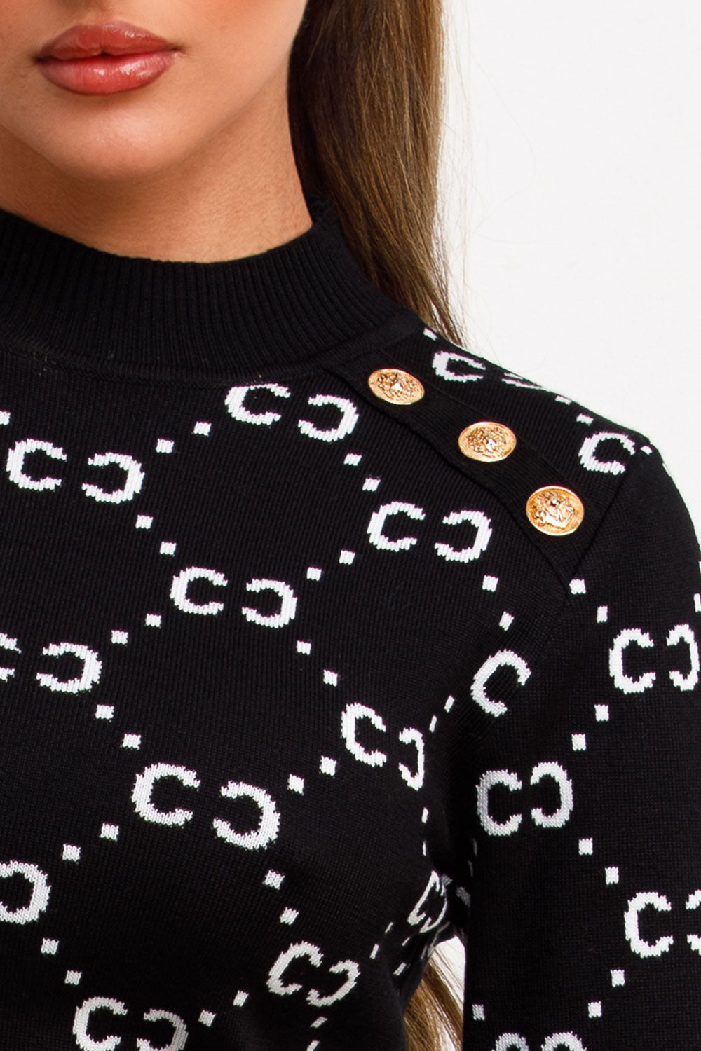 gold button knitted christmas jumper womens knitwear chanel inspired