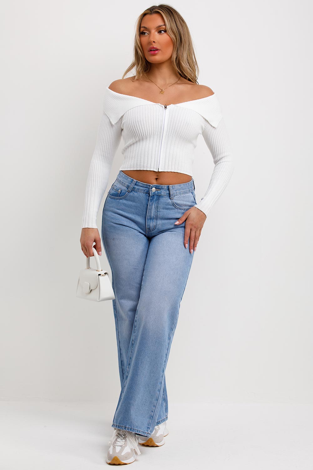 zip front off shoulder jumper cream